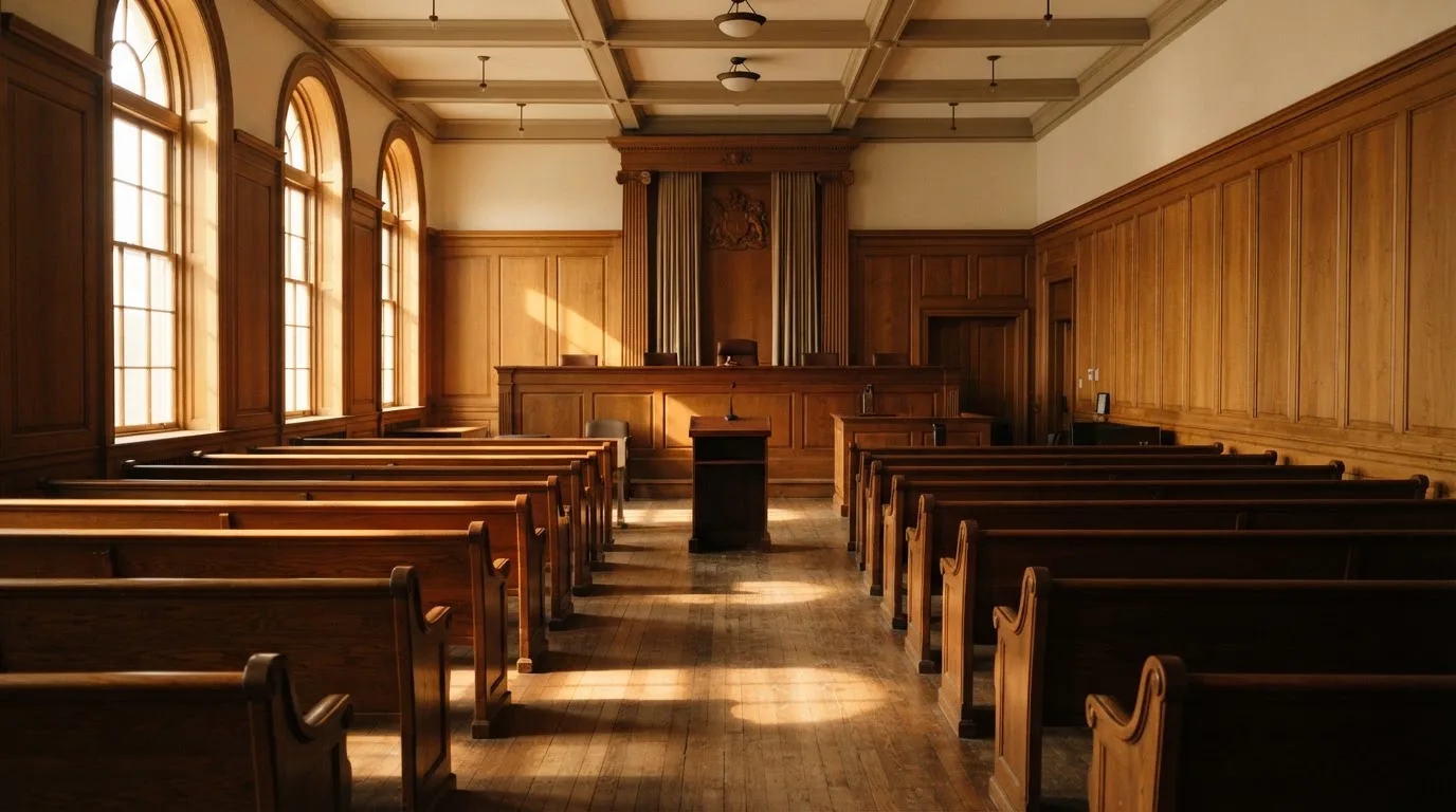 Een lege rechtszaal met houten banken in het ochtendlicht