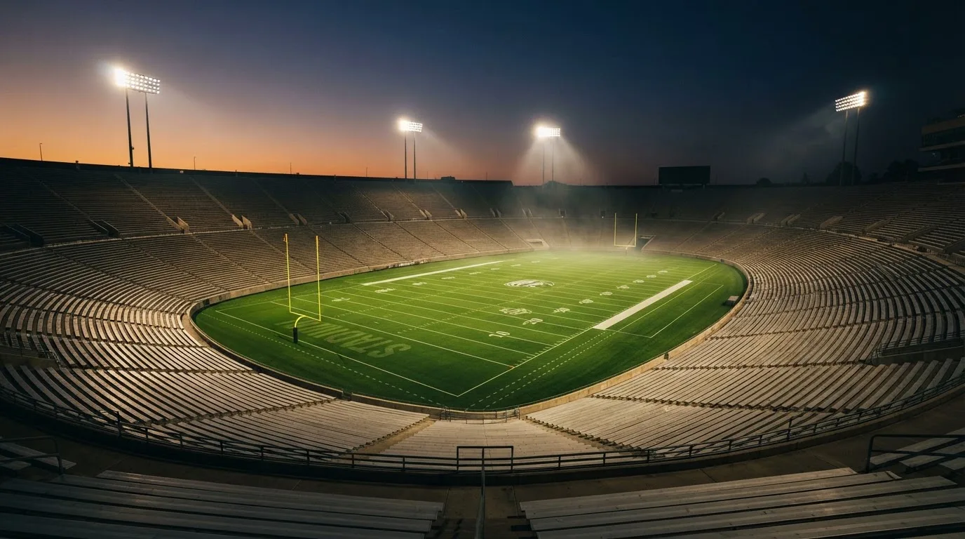 Een leeg voetbalstadion met lichtmasten bij schemering