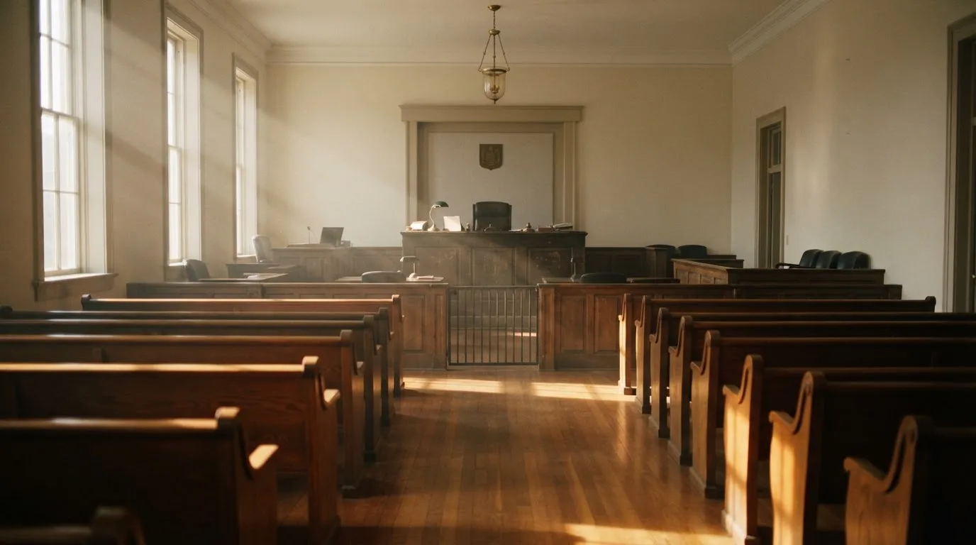 Een lege rechtszaal met houten banken in het ochtendlicht