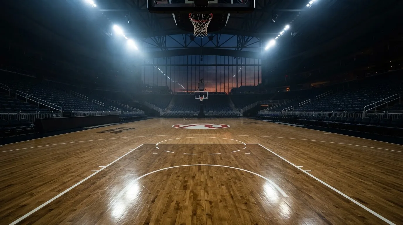 Een leeg voetbalstadion met lichtmasten bij schemering