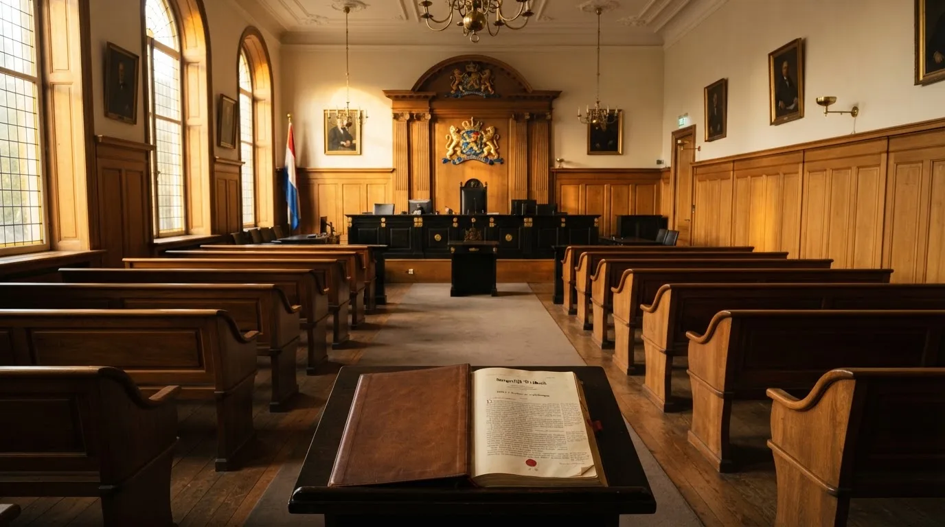 Een lege rechtszaal met houten banken in het ochtendlicht