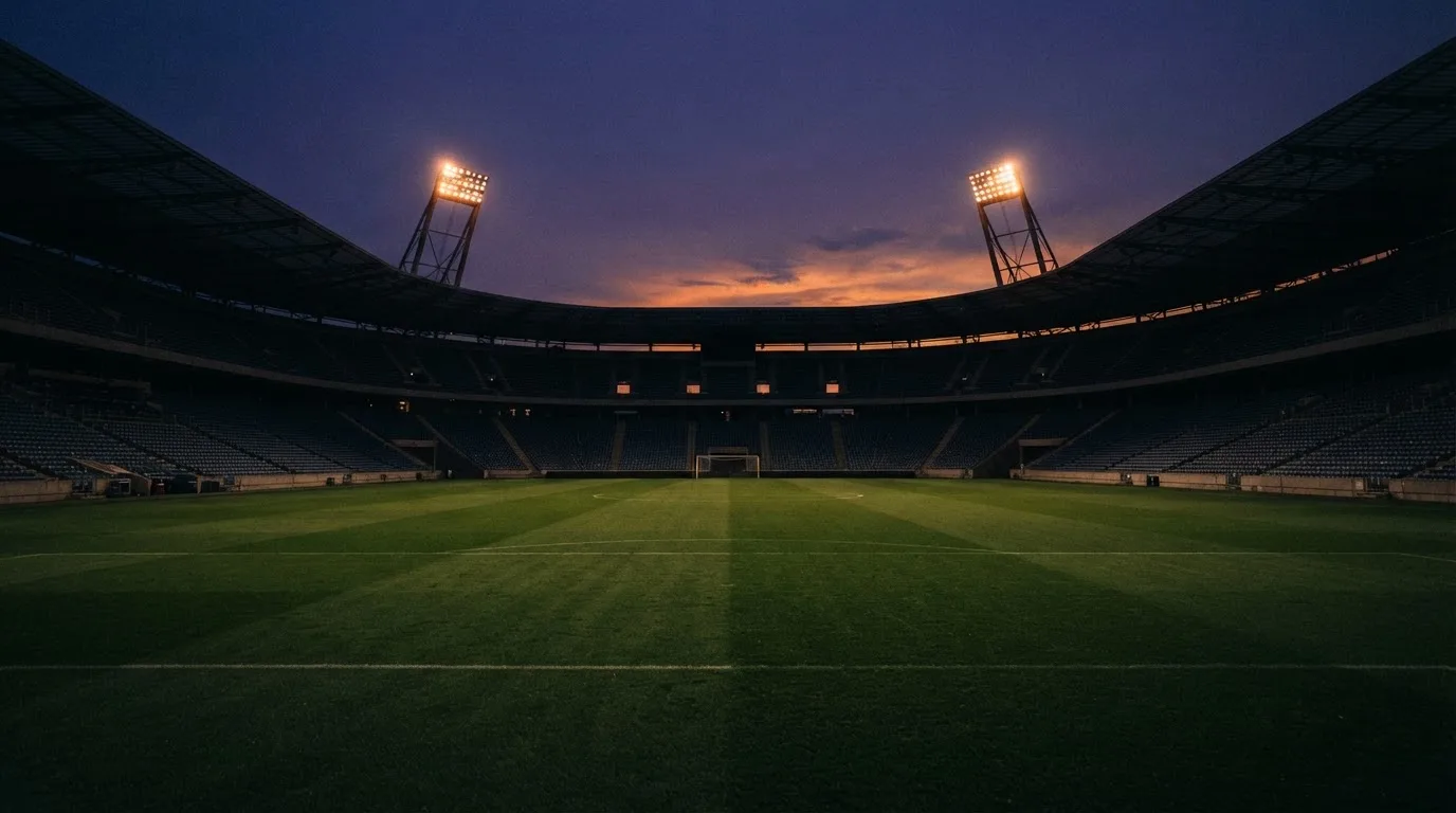 Een leeg voetbalstadion met lichtmasten bij schemering