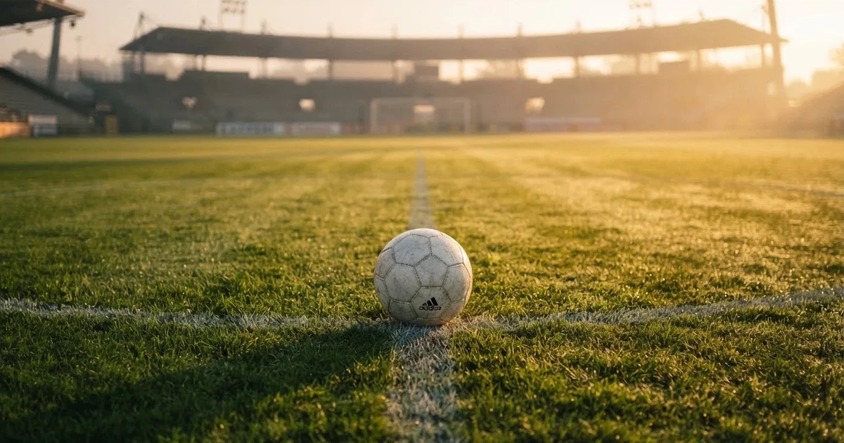Een voetbal op de middenstip van een grasveld in het ochtendlicht