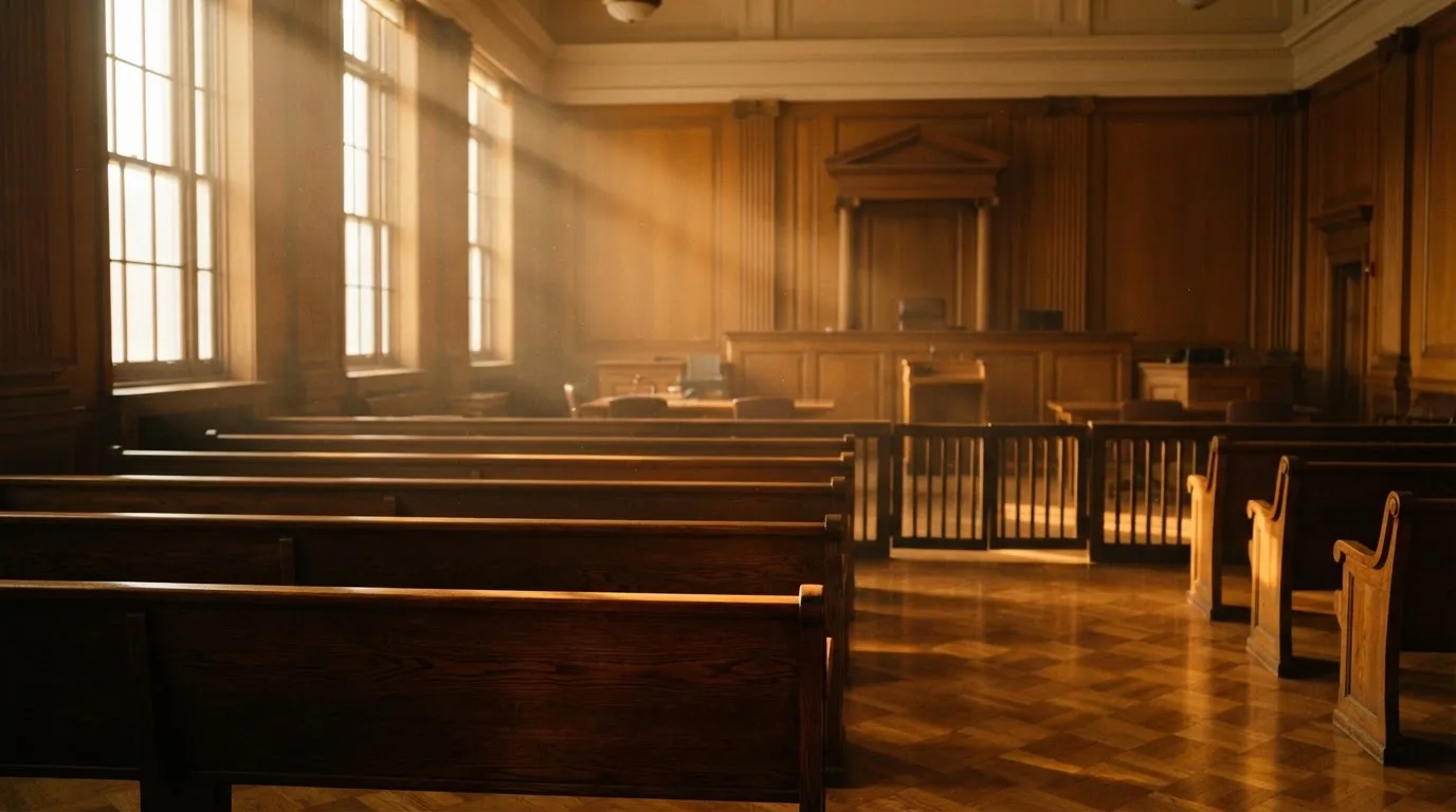 Een lege rechtszaal met houten banken in het ochtendlicht