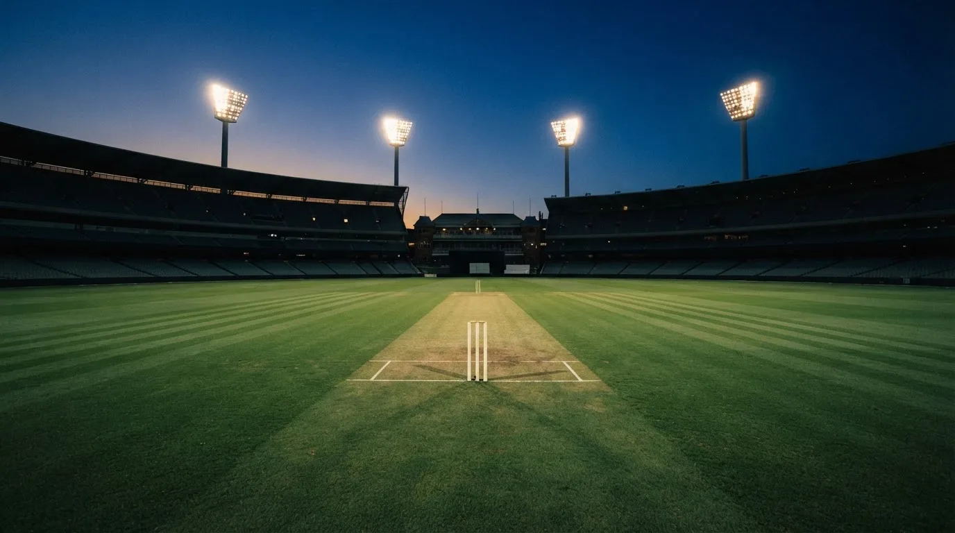 Een leeg voetbalstadion met lichtmasten bij schemering