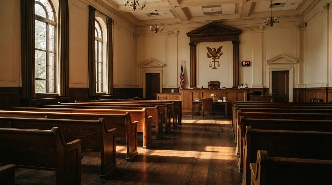 Een lege rechtszaal met houten banken in het ochtendlicht