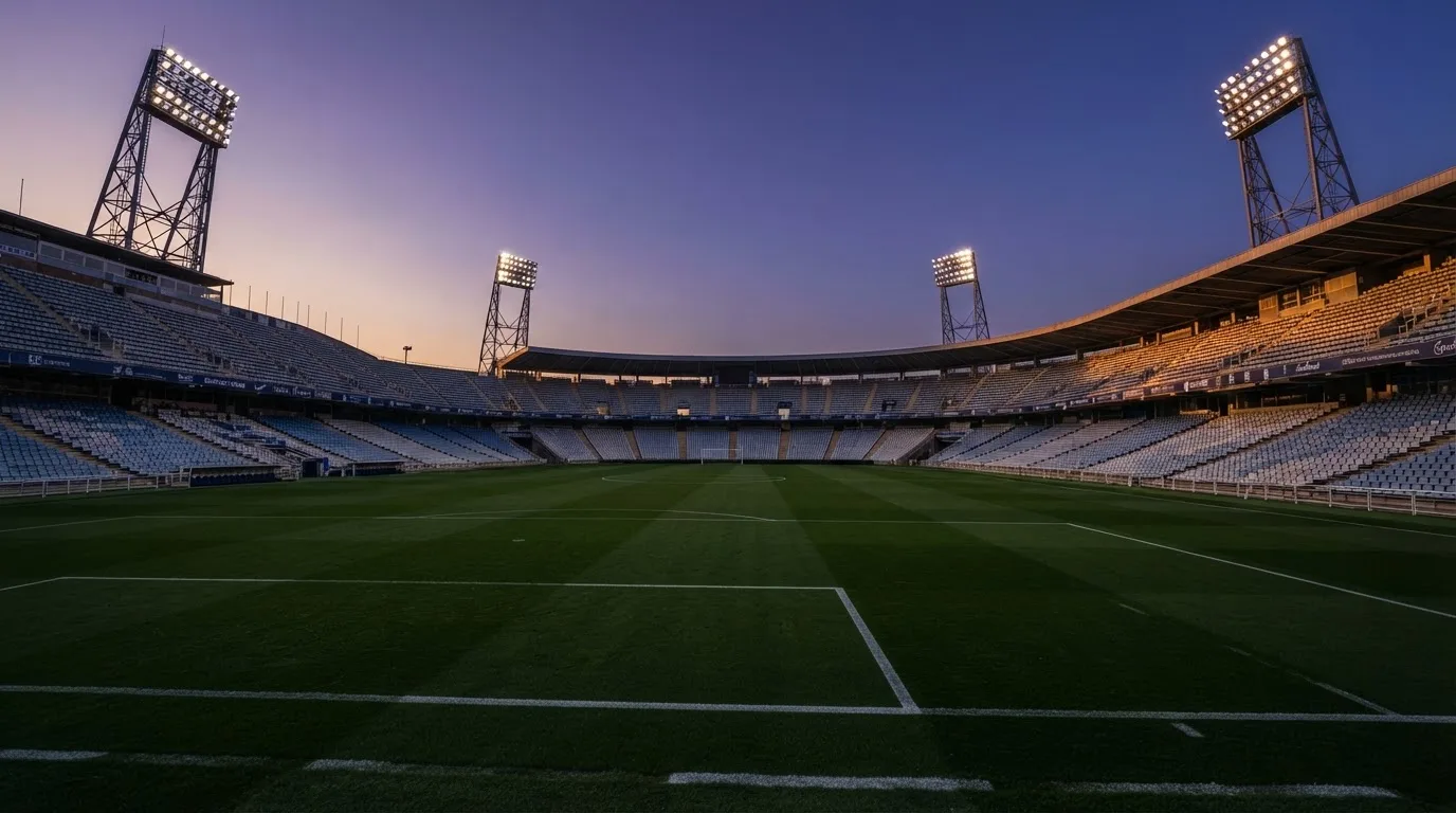 Een leeg voetbalstadion met lichtmasten bij schemering