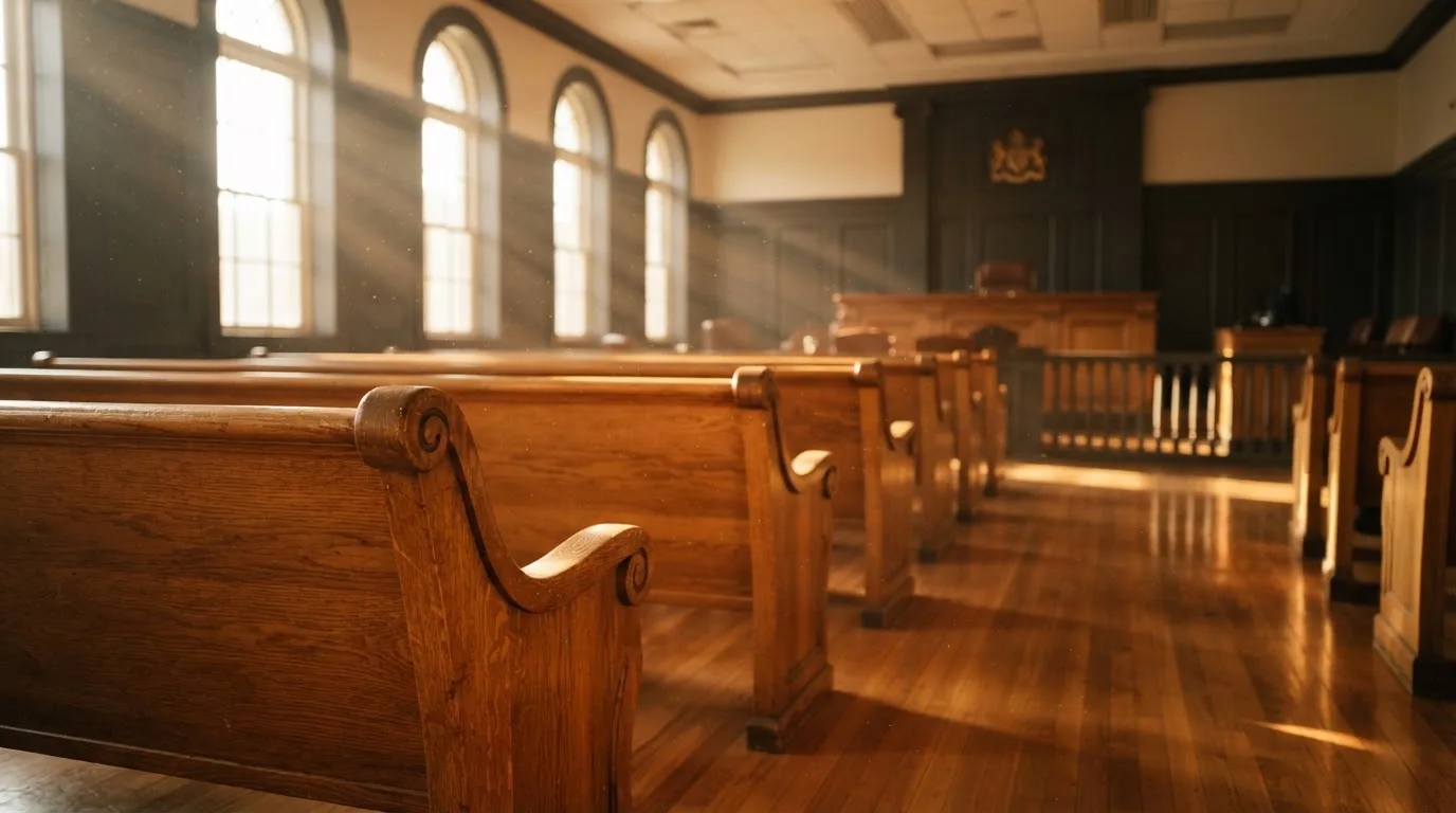 Een lege rechtszaal met houten banken in het ochtendlicht