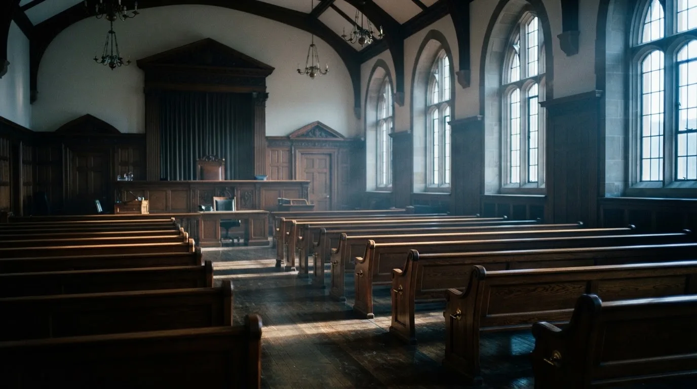 Een lege rechtszaal met houten banken in het ochtendlicht