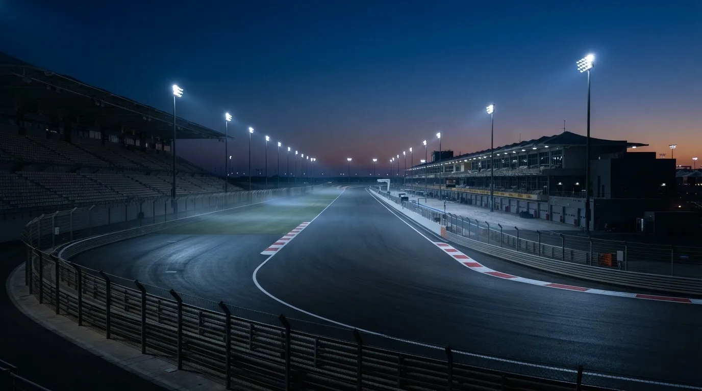 Een leeg voetbalstadion met lichtmasten bij schemering