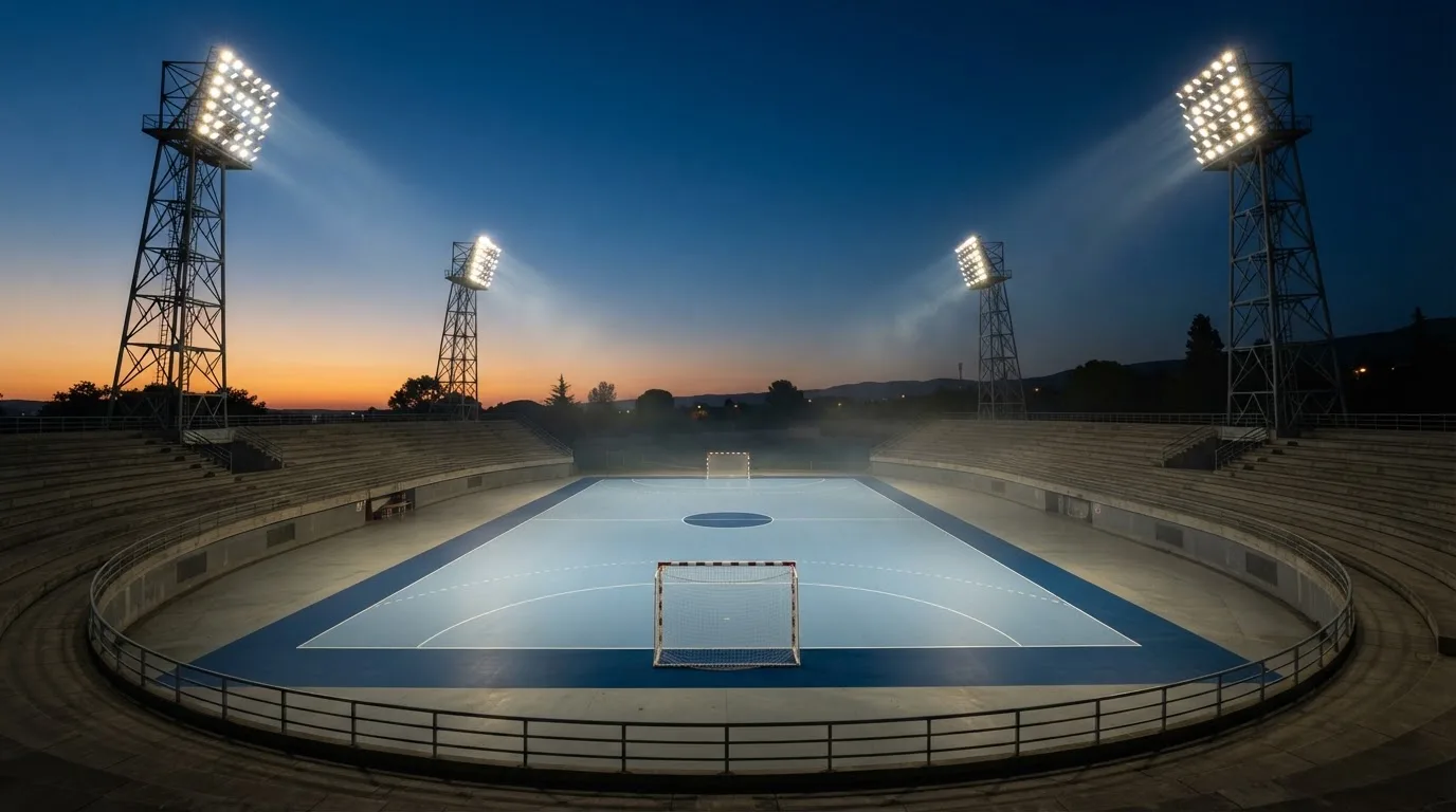 Een leeg voetbalstadion met lichtmasten bij schemering