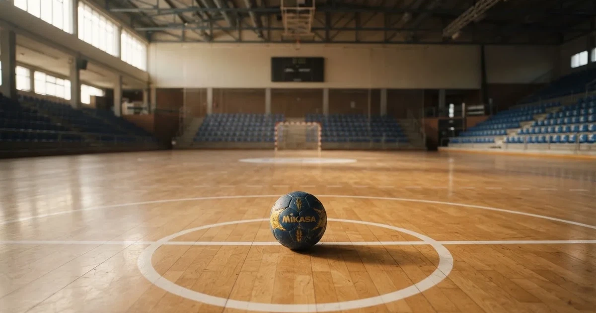 Een voetbal op de middenstip van een grasveld in het ochtendlicht