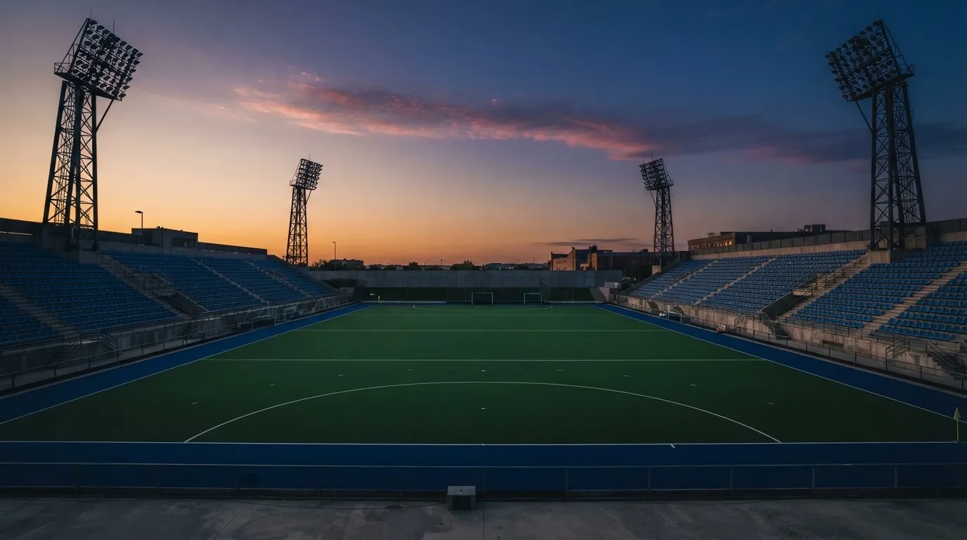 Een leeg voetbalstadion met lichtmasten bij schemering