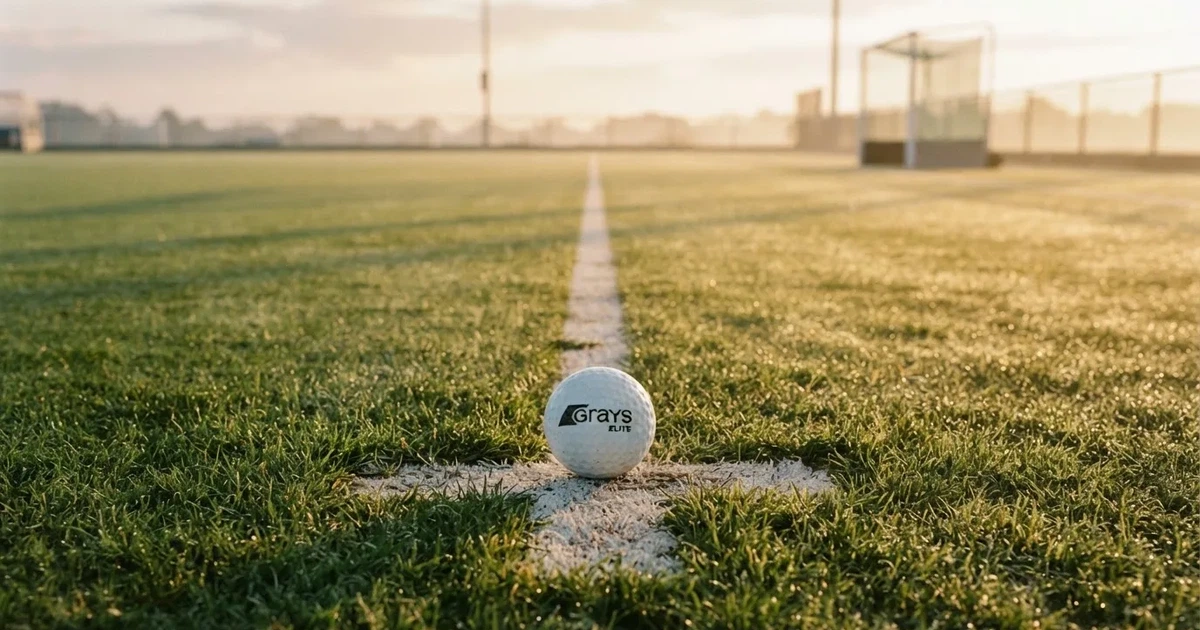 Een voetbal op de middenstip van een grasveld in het ochtendlicht