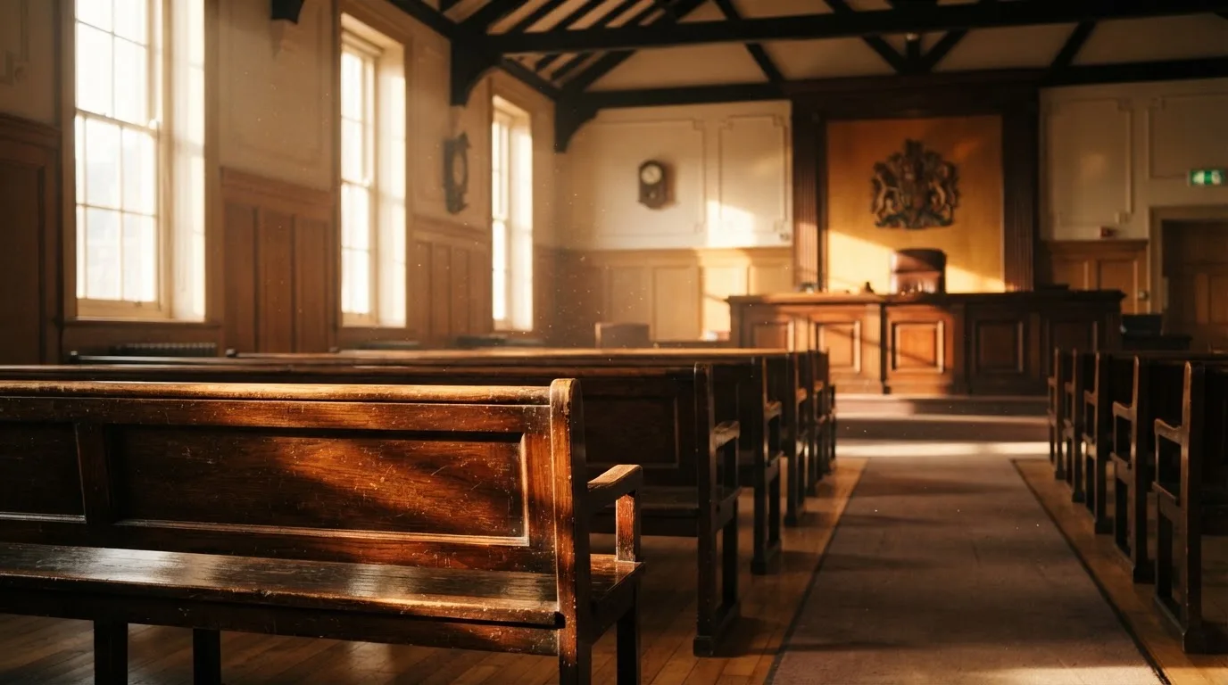 Een lege rechtszaal met houten banken in het ochtendlicht