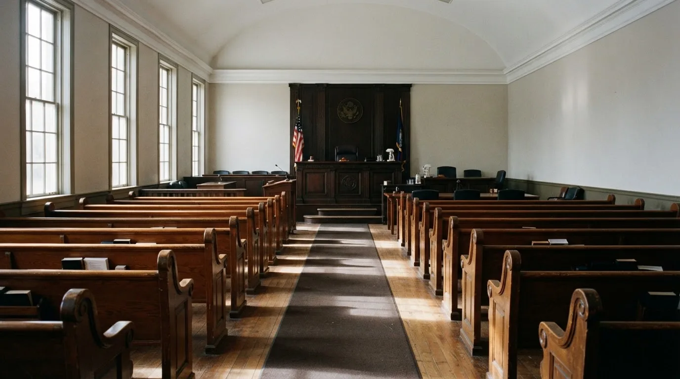 Een lege rechtszaal met houten banken in het ochtendlicht