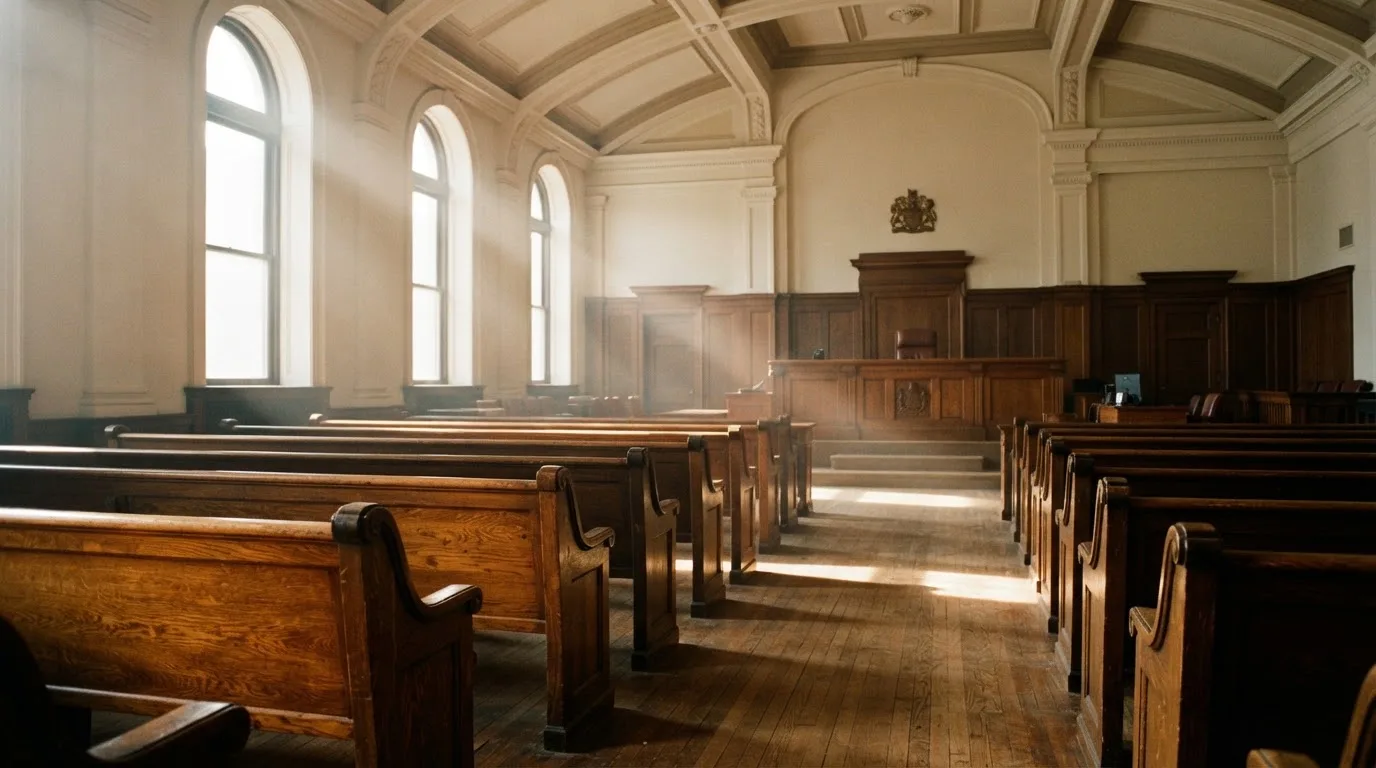 Een lege rechtszaal met houten banken in het ochtendlicht