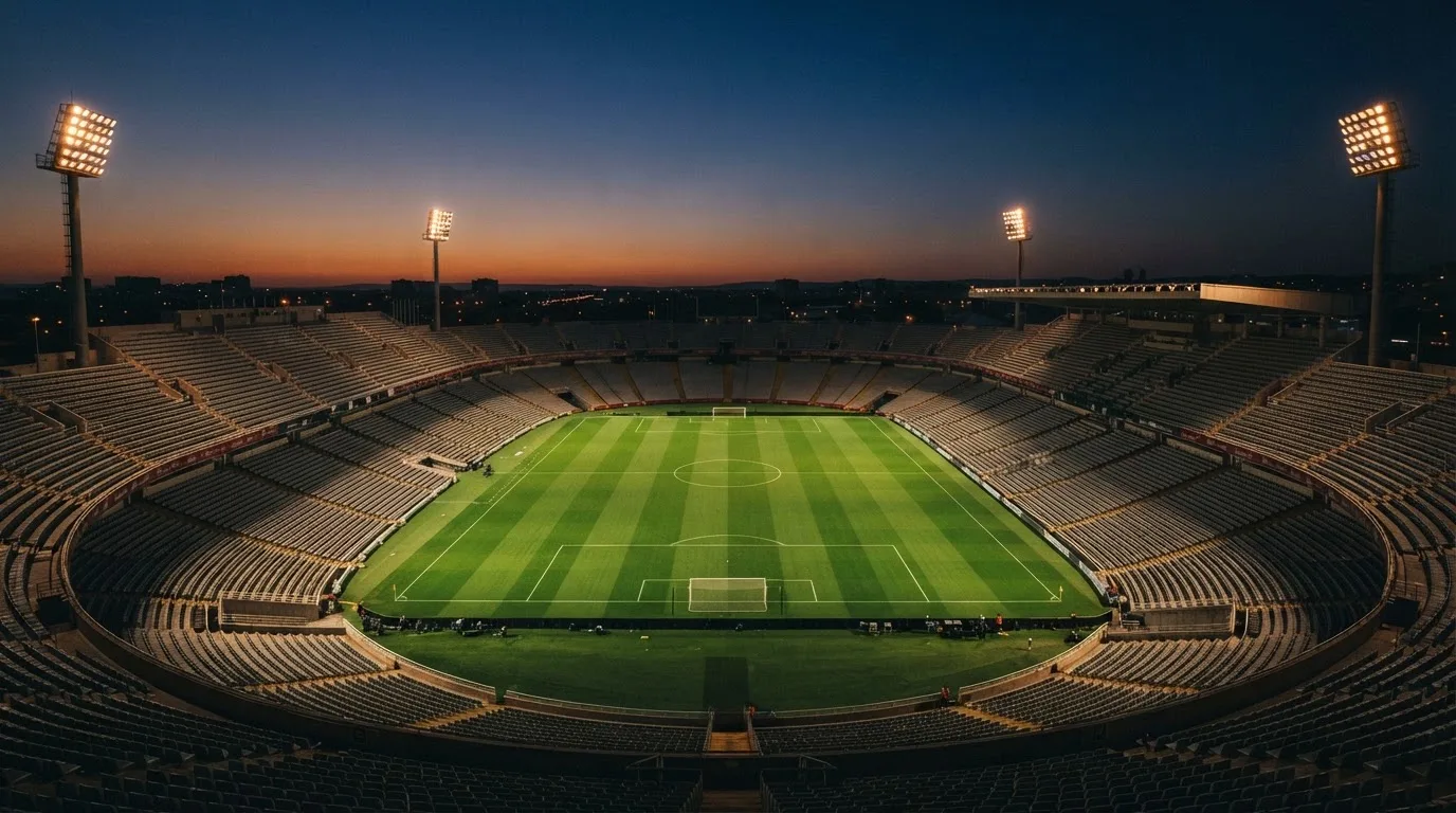 Een leeg voetbalstadion met lichtmasten bij schemering