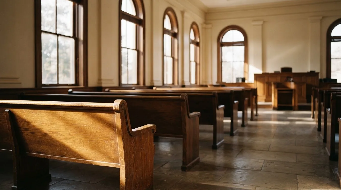 Een lege rechtszaal met houten banken in het ochtendlicht