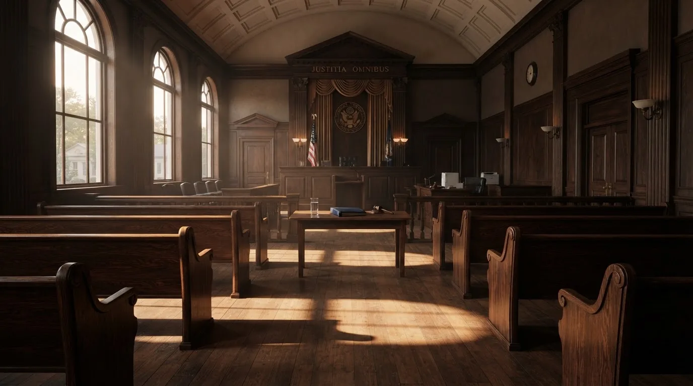 Een lege rechtszaal met houten banken in het ochtendlicht