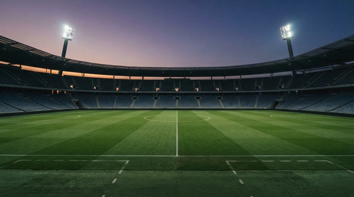 Een leeg voetbalstadion met lichtmasten bij schemering