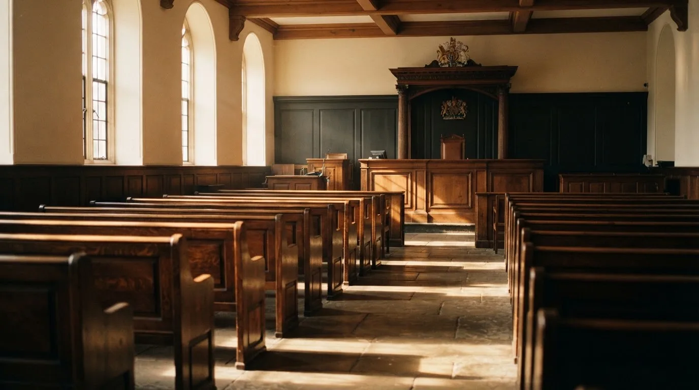 Een lege rechtszaal met houten banken in het ochtendlicht