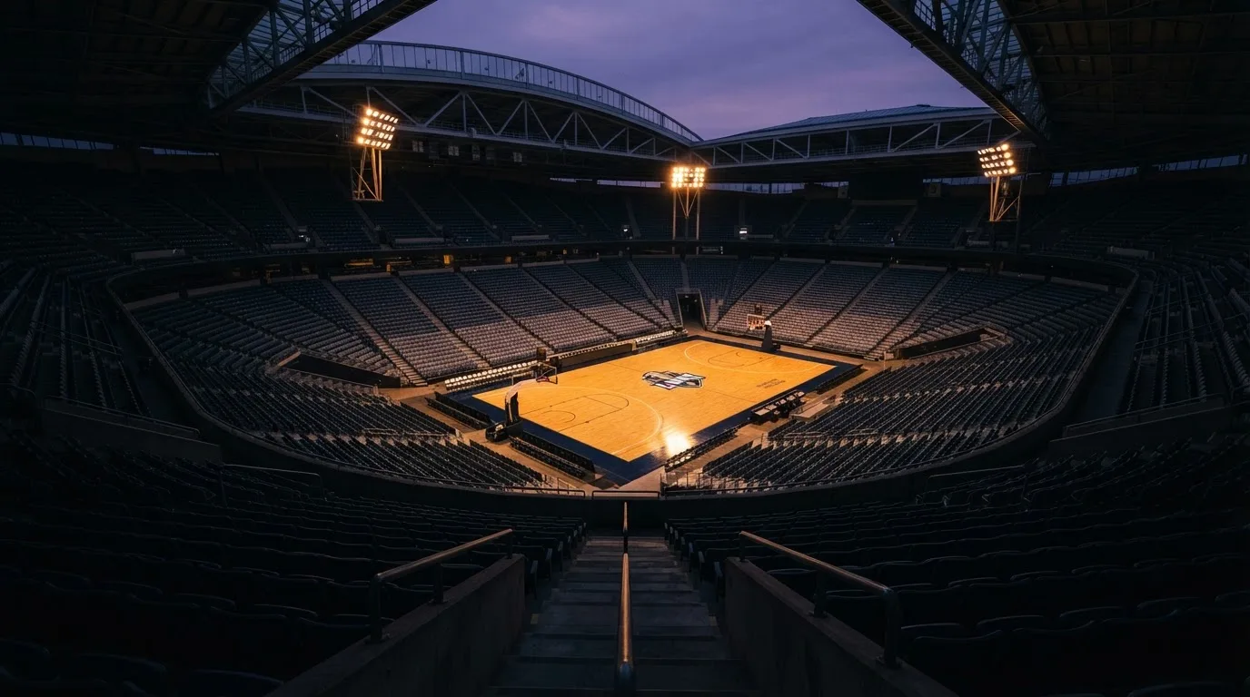 Een leeg voetbalstadion met lichtmasten bij schemering
