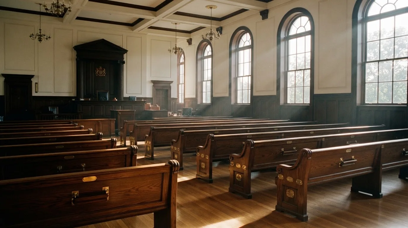 Een lege rechtszaal met houten banken in het ochtendlicht