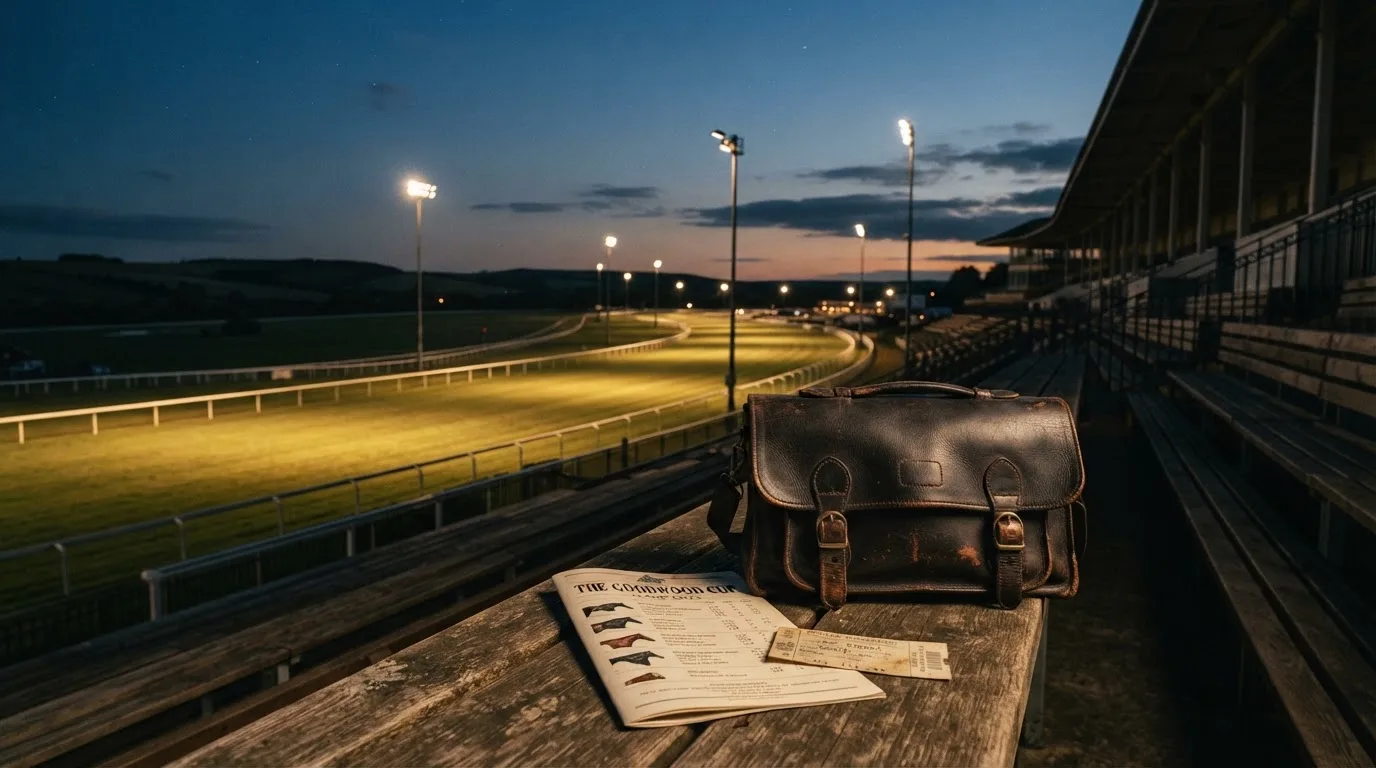 Een leeg voetbalstadion met lichtmasten bij schemering