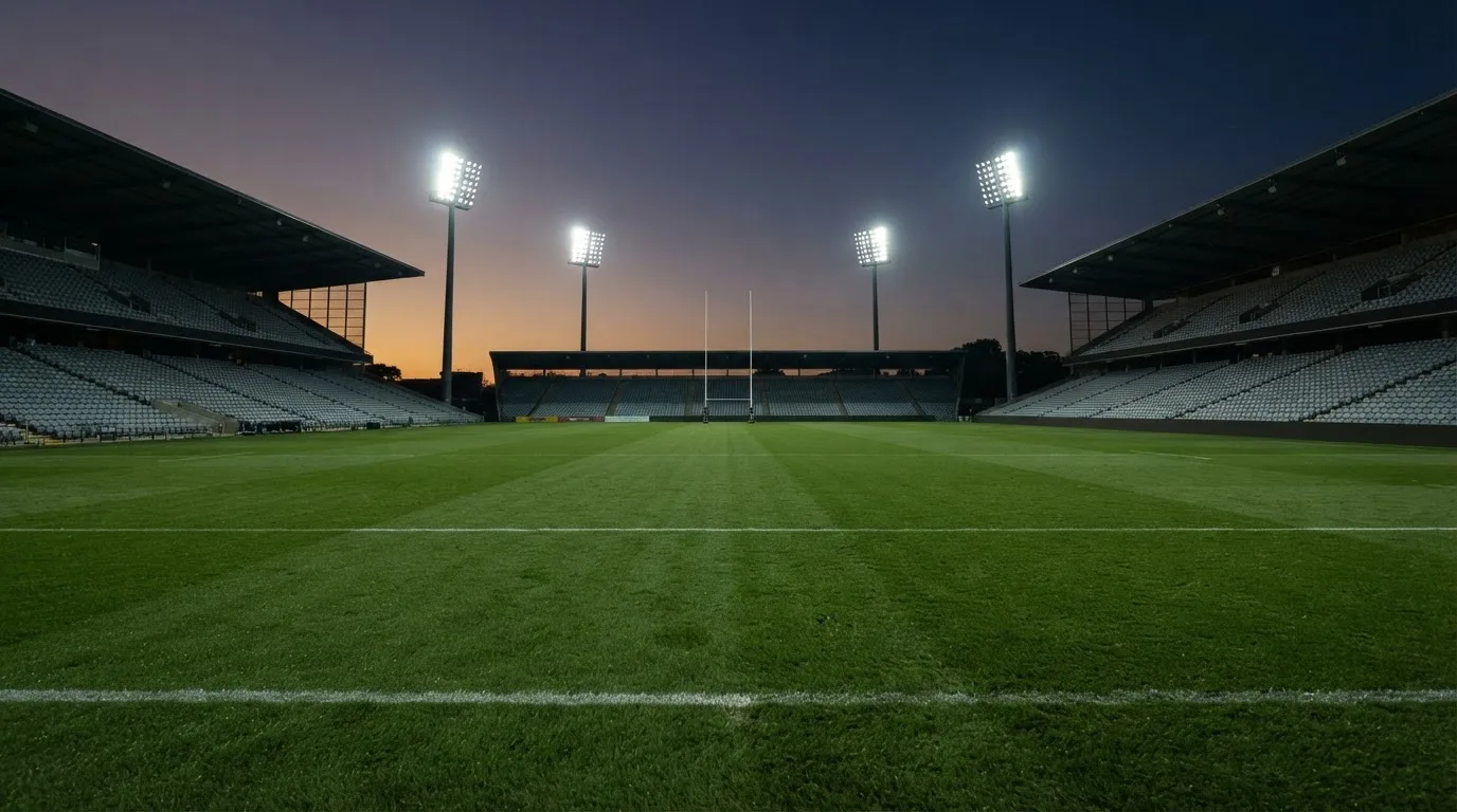 Een leeg voetbalstadion met lichtmasten bij schemering
