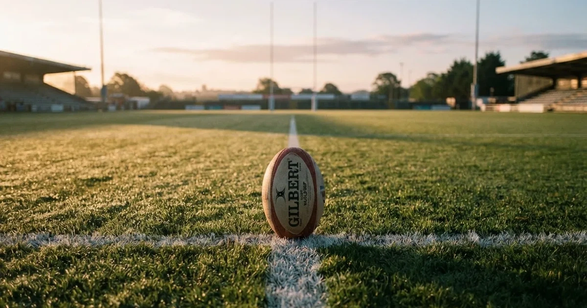 Een voetbal op de middenstip van een grasveld in het ochtendlicht