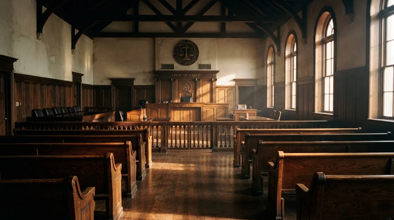 Een lege rechtszaal met houten banken in het ochtendlicht