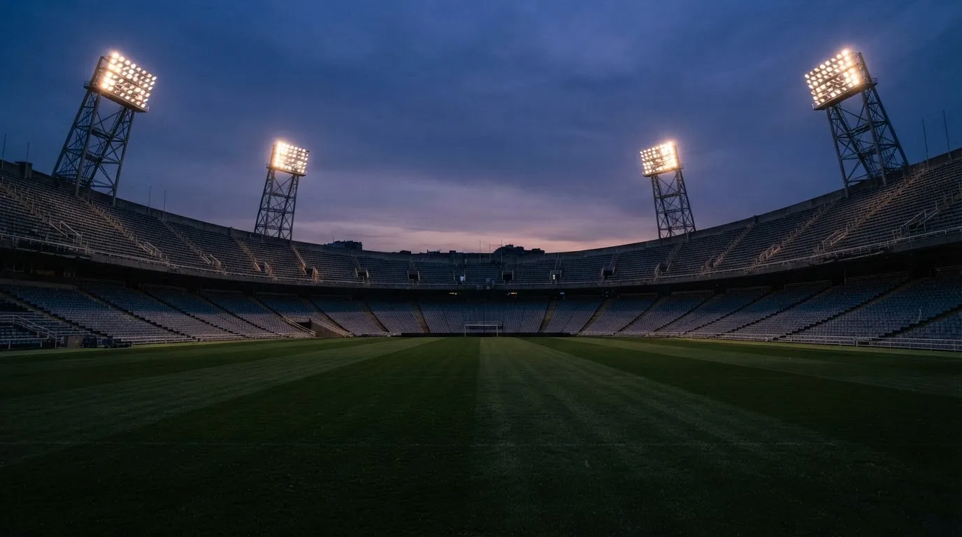 Een leeg voetbalstadion met lichtmasten bij schemering