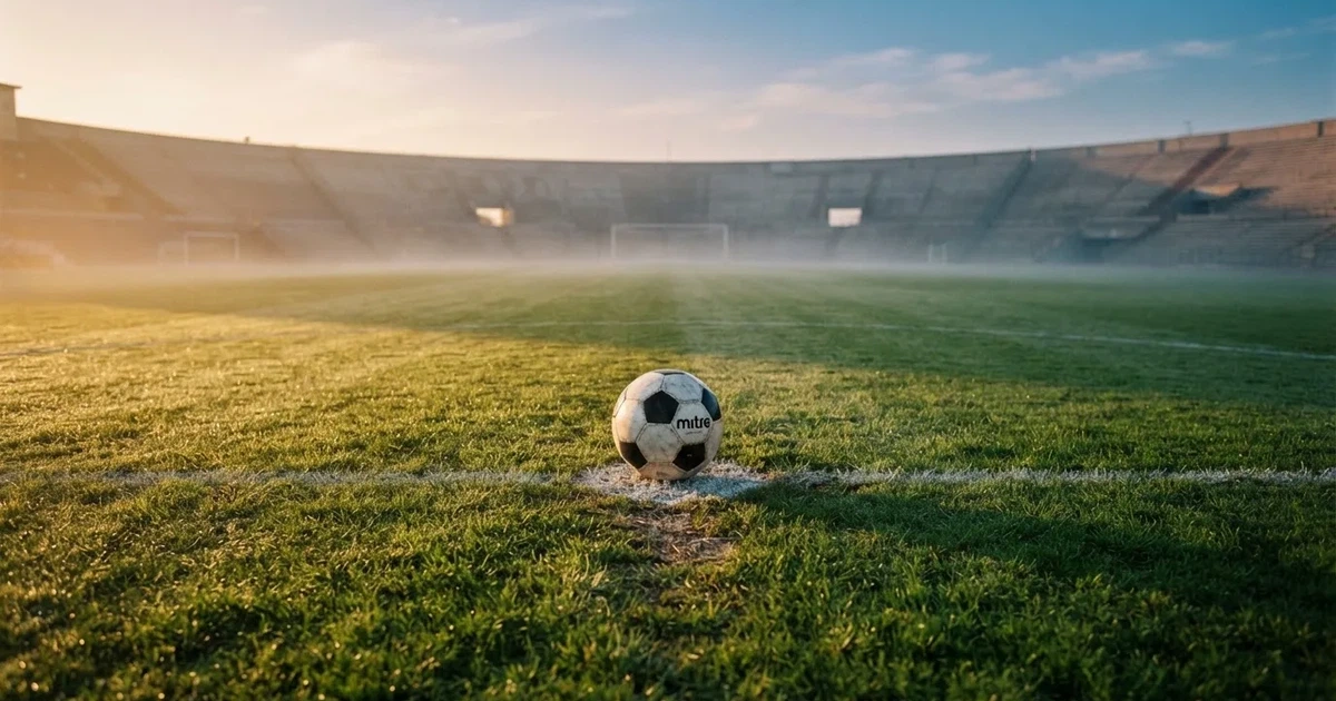Een voetbal op de middenstip van een grasveld in het ochtendlicht