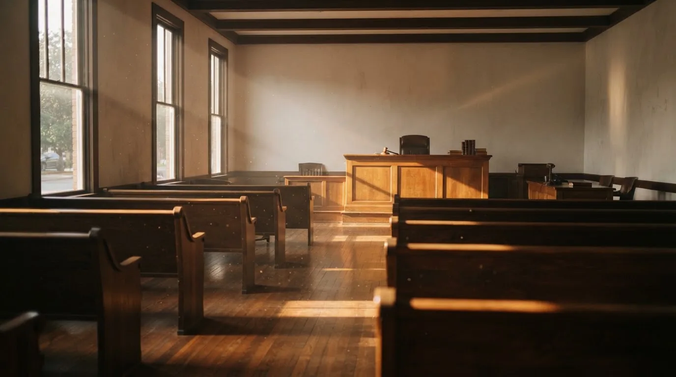 Een lege rechtszaal met houten banken in het ochtendlicht