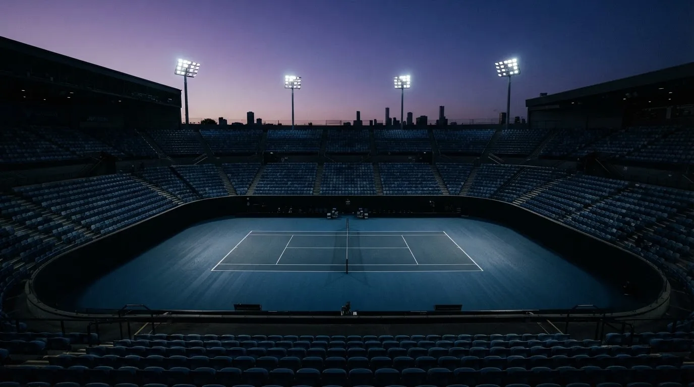 Een leeg voetbalstadion met lichtmasten bij schemering