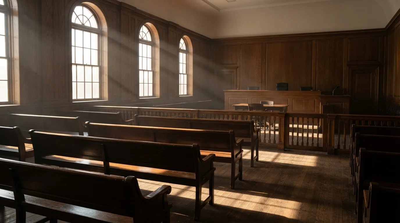 Een lege rechtszaal met houten banken in het ochtendlicht