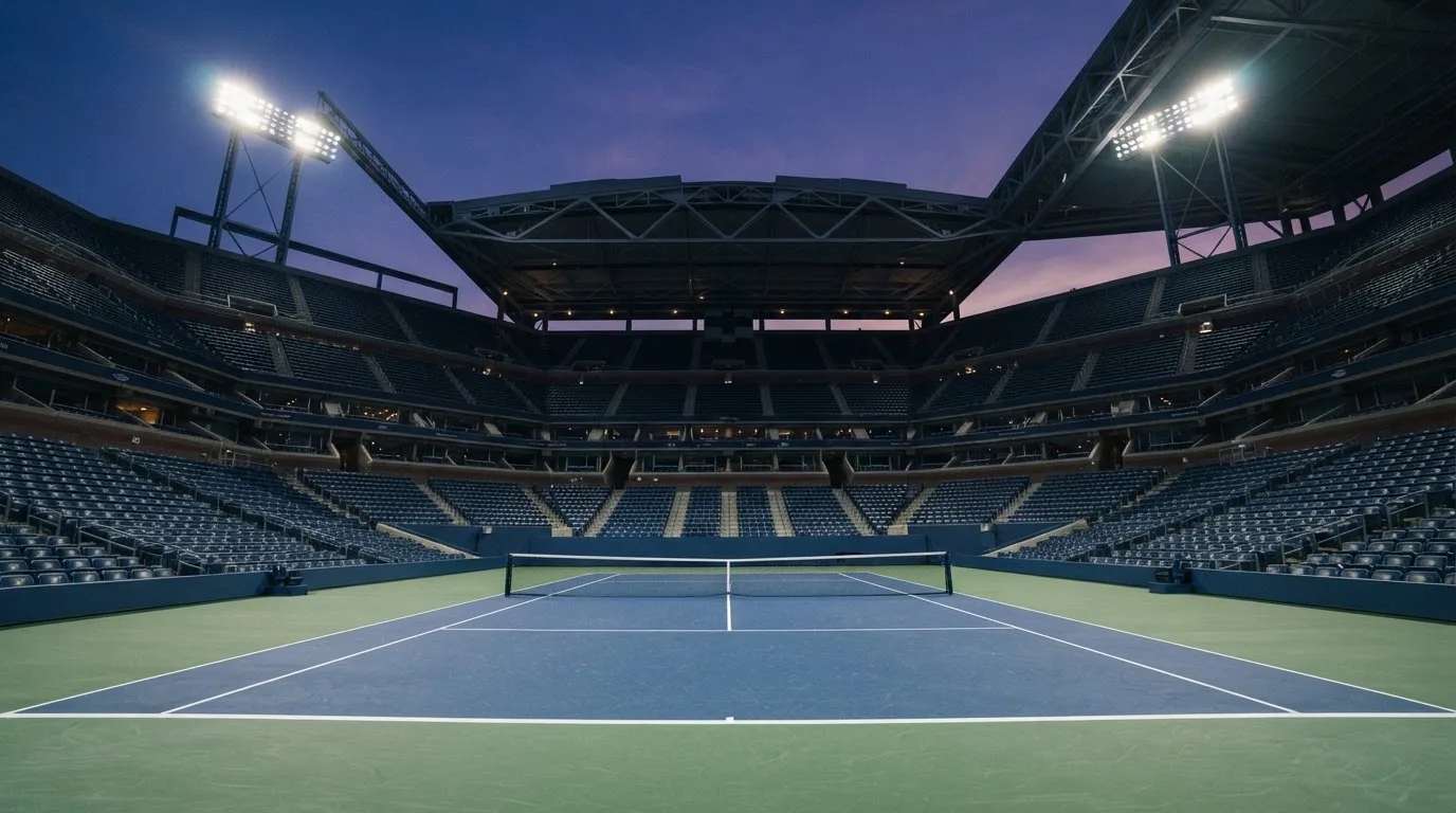 Een leeg voetbalstadion met lichtmasten bij schemering