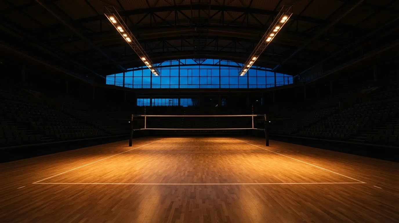 Een leeg voetbalstadion met lichtmasten bij schemering