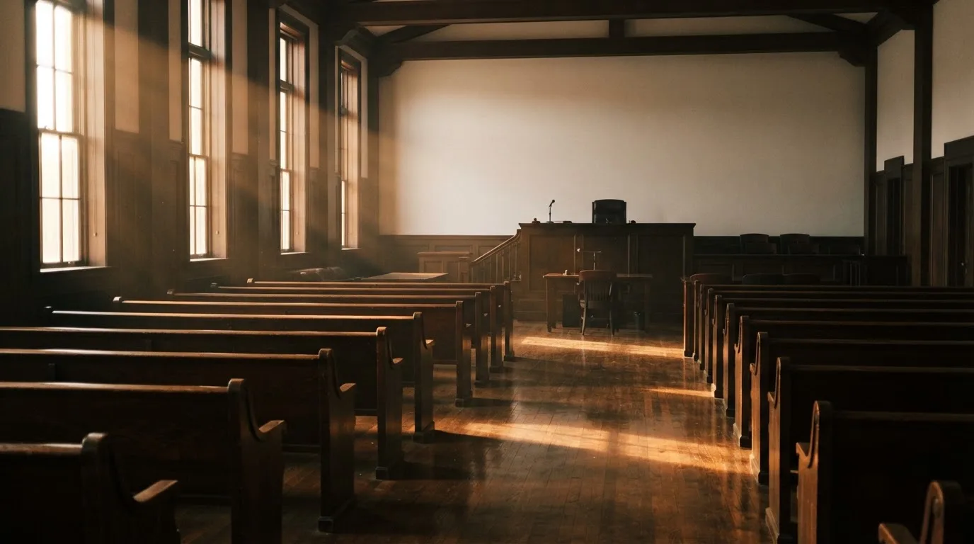 Een lege rechtszaal met houten banken in het ochtendlicht
