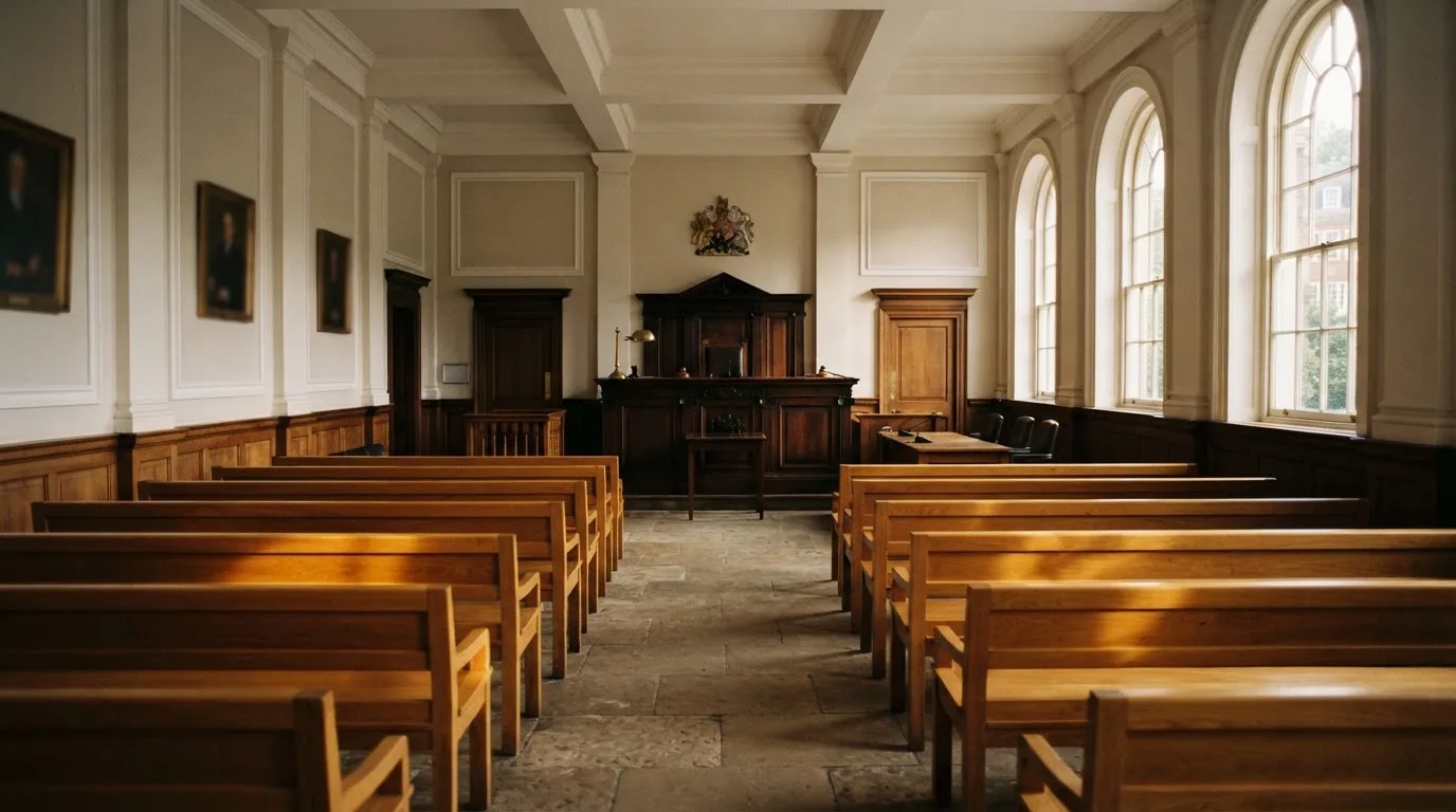 Een lege rechtszaal met houten banken in het ochtendlicht