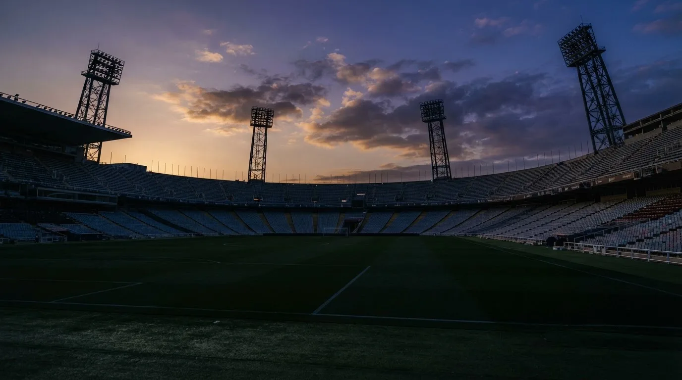 Een leeg voetbalstadion met lichtmasten bij schemering