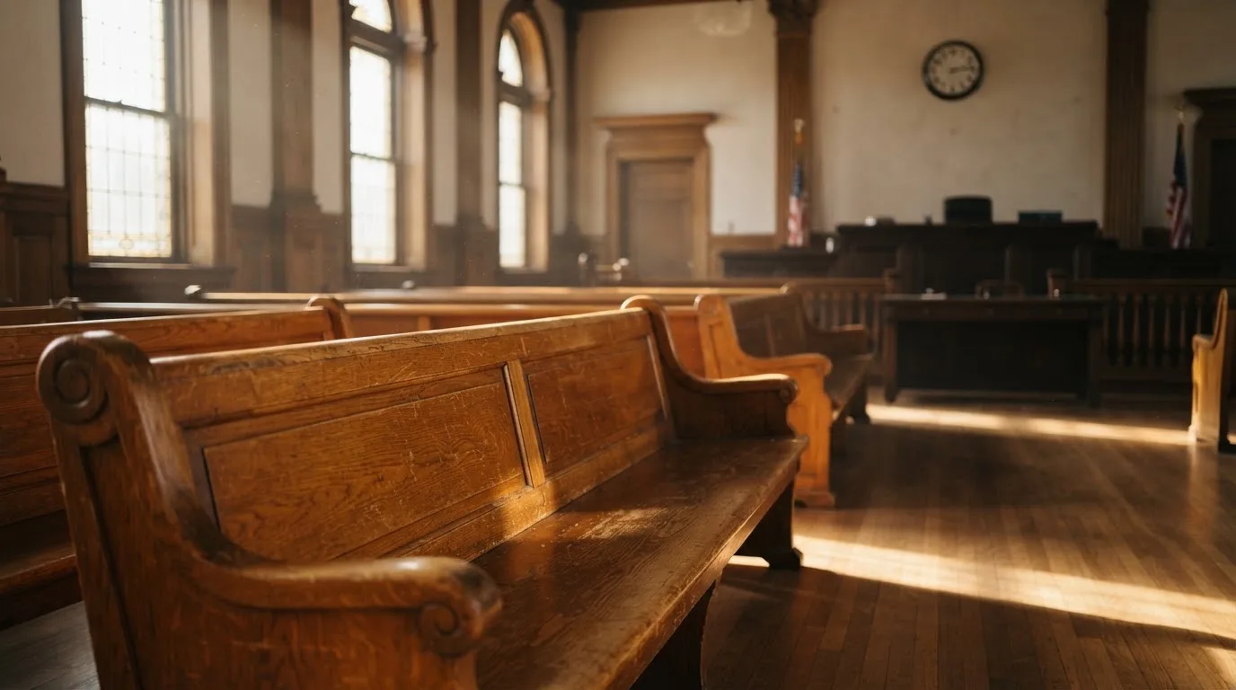 Een lege rechtszaal met houten banken in het ochtendlicht