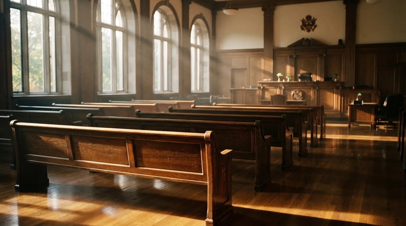 Een lege rechtszaal met houten banken in het ochtendlicht