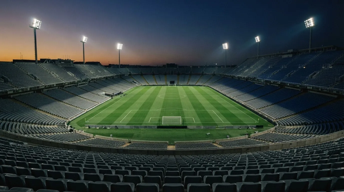 Een leeg voetbalstadion met lichtmasten bij schemering