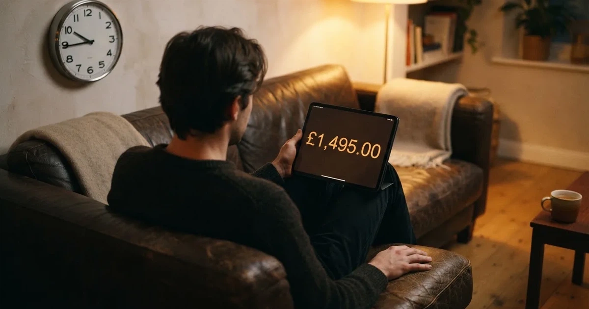 Een persoon op de bank kijkt peinzend naar een tablet, op de achtergrond een klok aan de muur