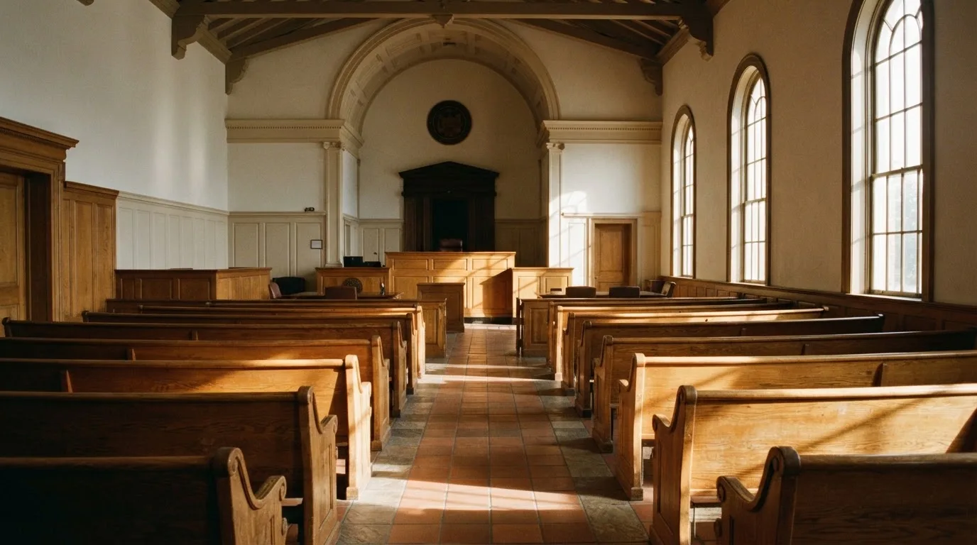 Een lege rechtszaal met houten banken in het ochtendlicht